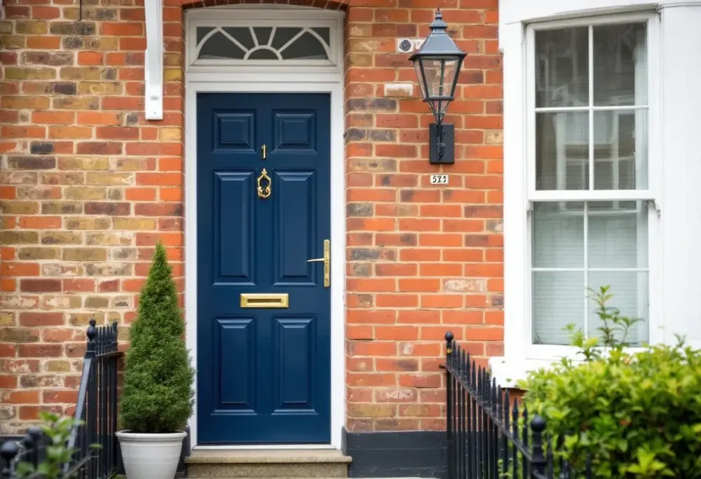 A navy blue front door with brass letterbox and door knocker on a red brick Victorian terraced house in the UK
